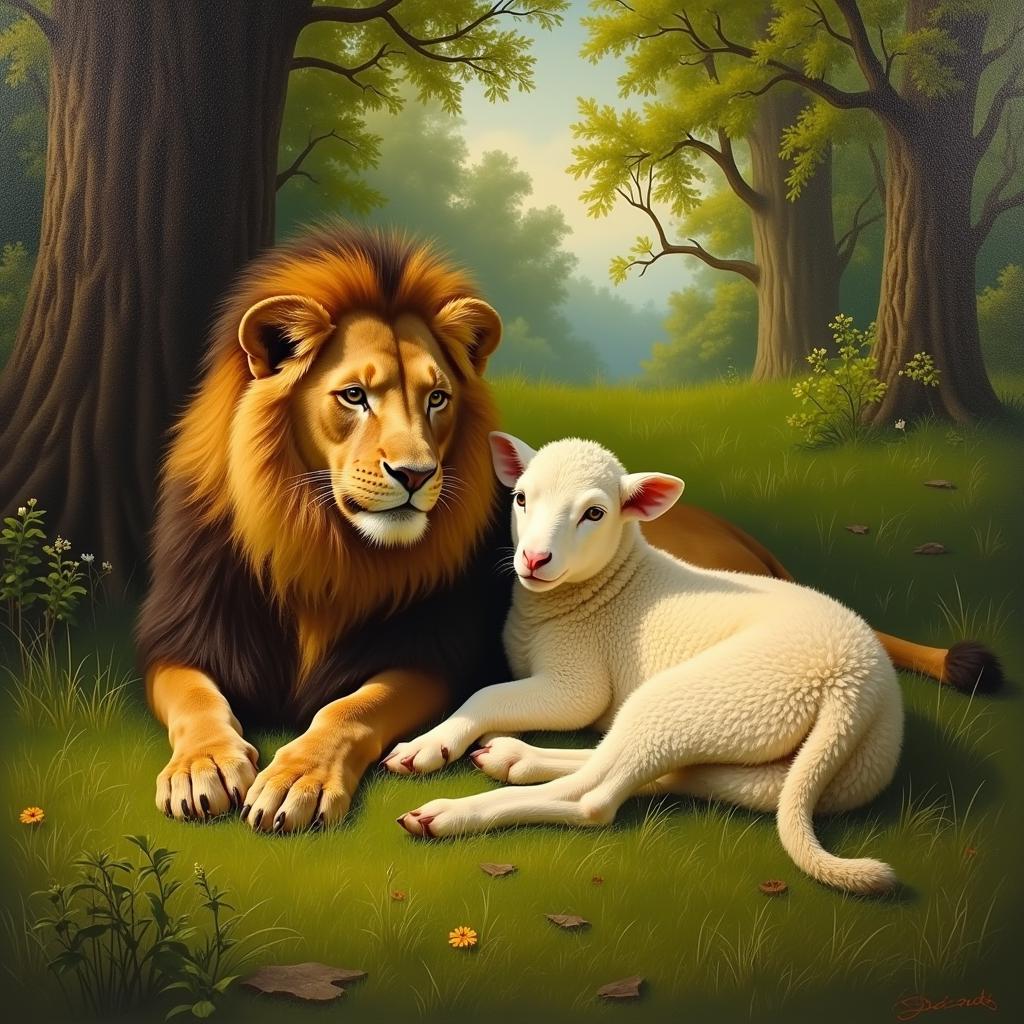 Classical Painting of Lion and Lamb