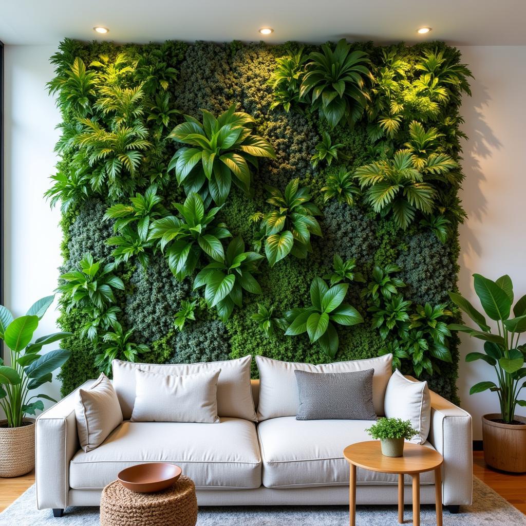 Vertical Garden Living Wall Art: A lush indoor vertical garden thriving with a variety of green plants, adding a touch of nature to the living room.