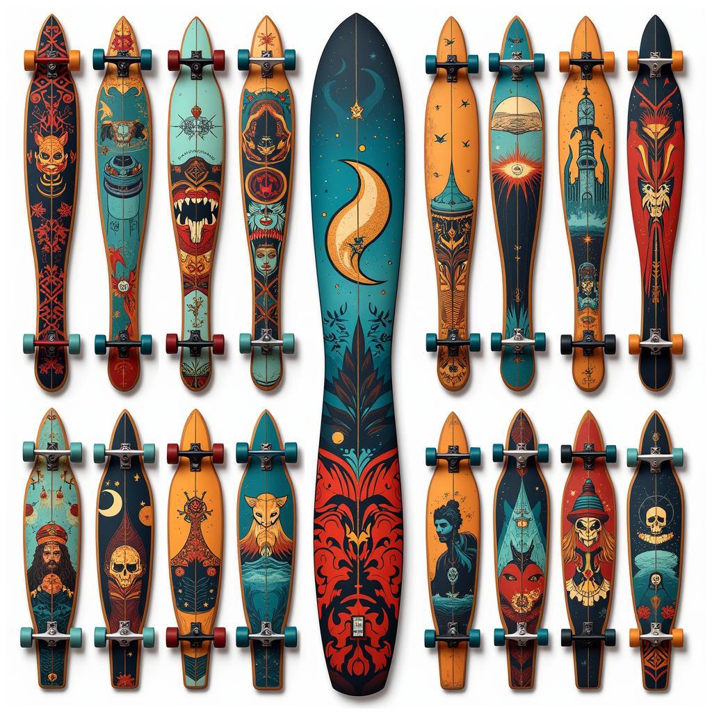 Vibrant and unique longboard skateboard art designs showcasing various styles and techniques.