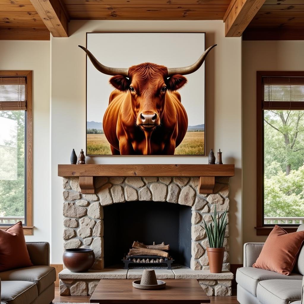 Longhorn canvas art adds a rustic touch to a living room