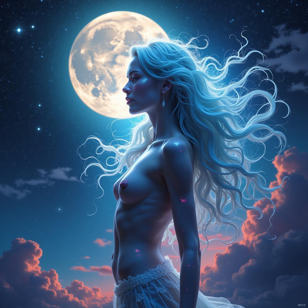 Digital art depicting a moon goddess, showcasing the possibilities of digital mediums in luna art nude.