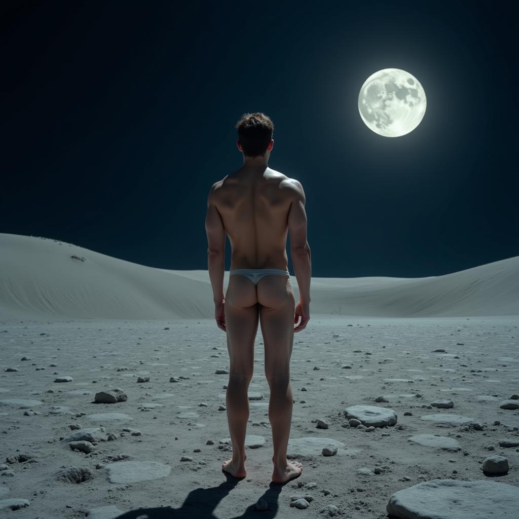 A male figure in a lunar landscape, emphasizing the connection between humanity and the cosmos.