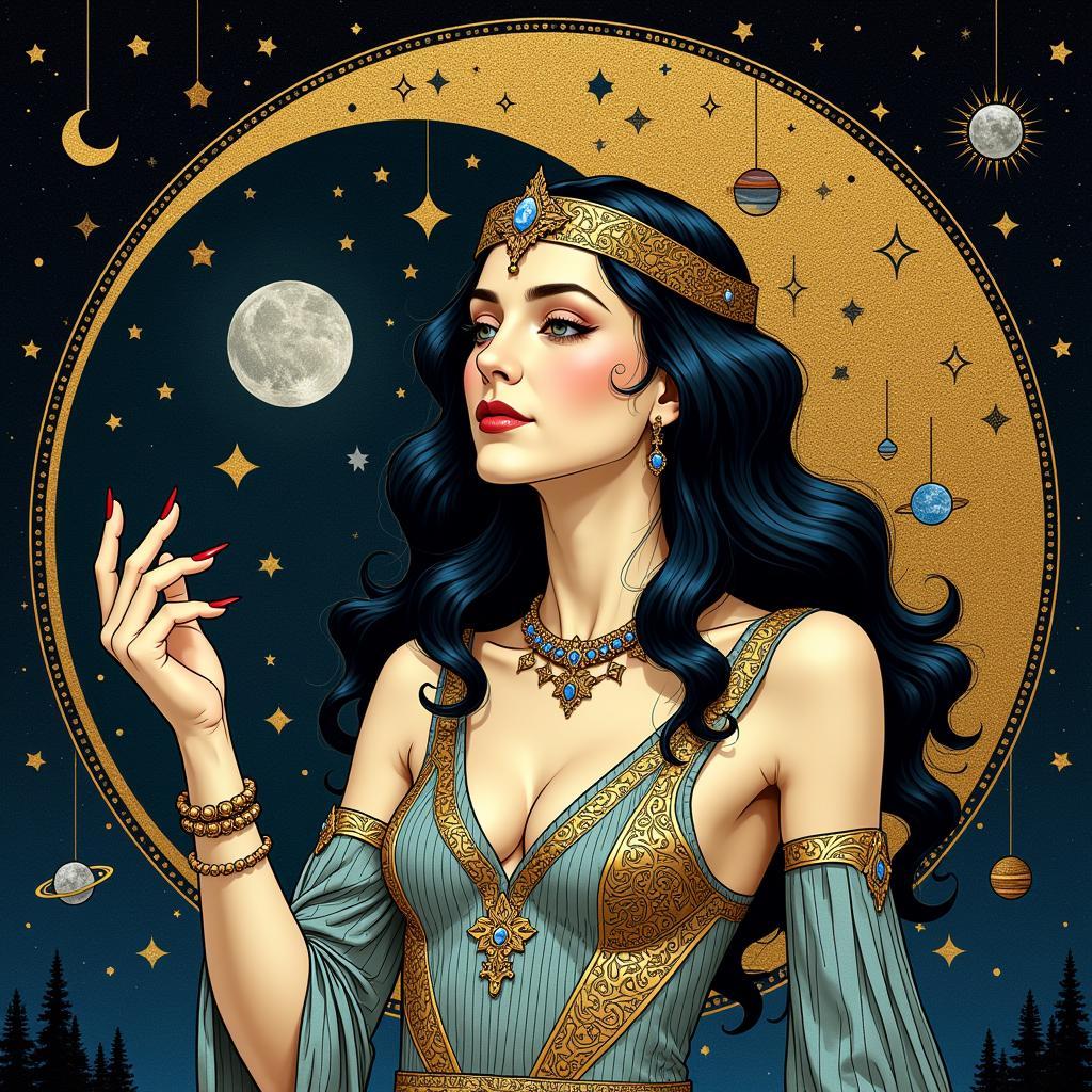 Art Deco style illustration of a moon goddess surrounded by celestial elements