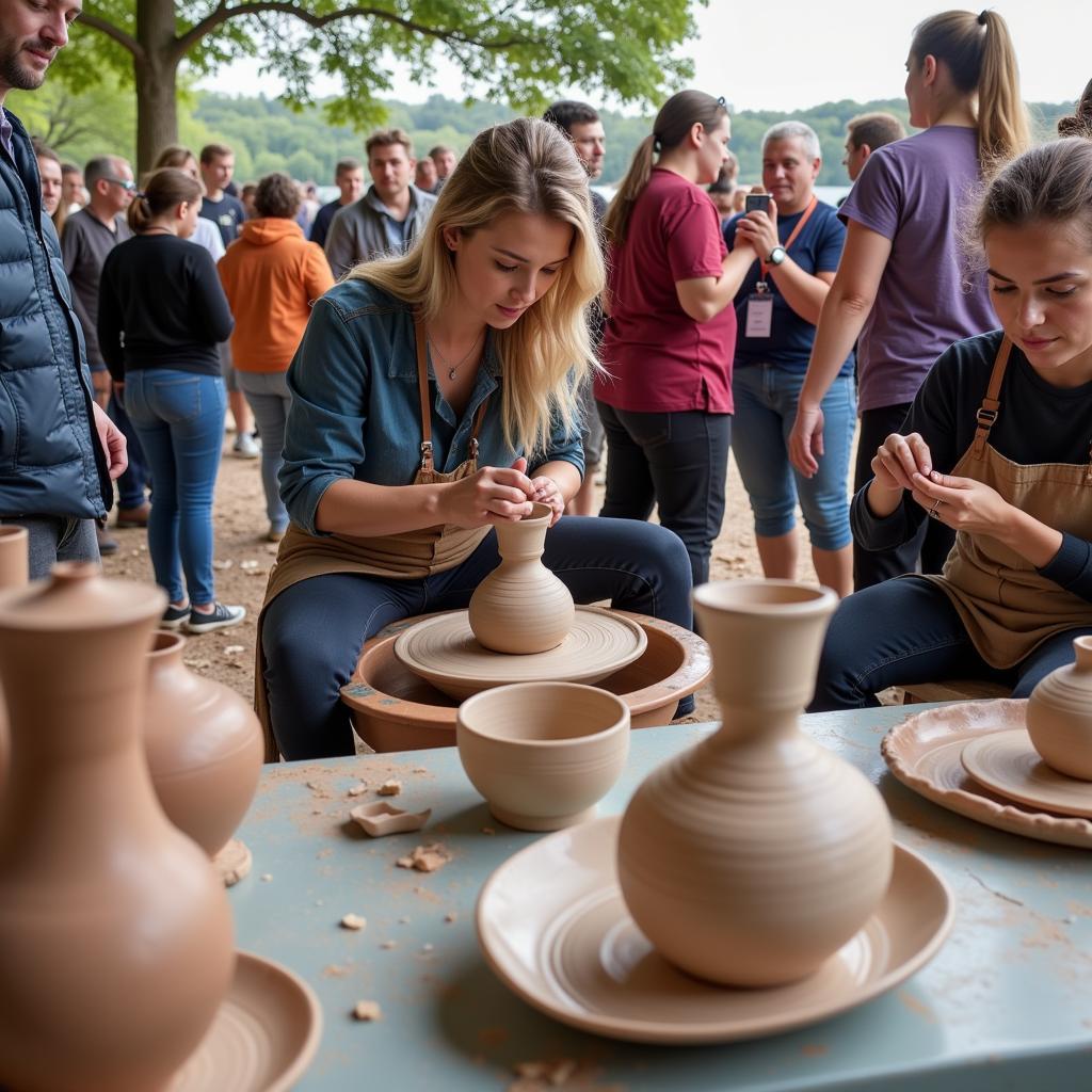 Artist demonstrating pottery techniques at Mandan Art in the Park