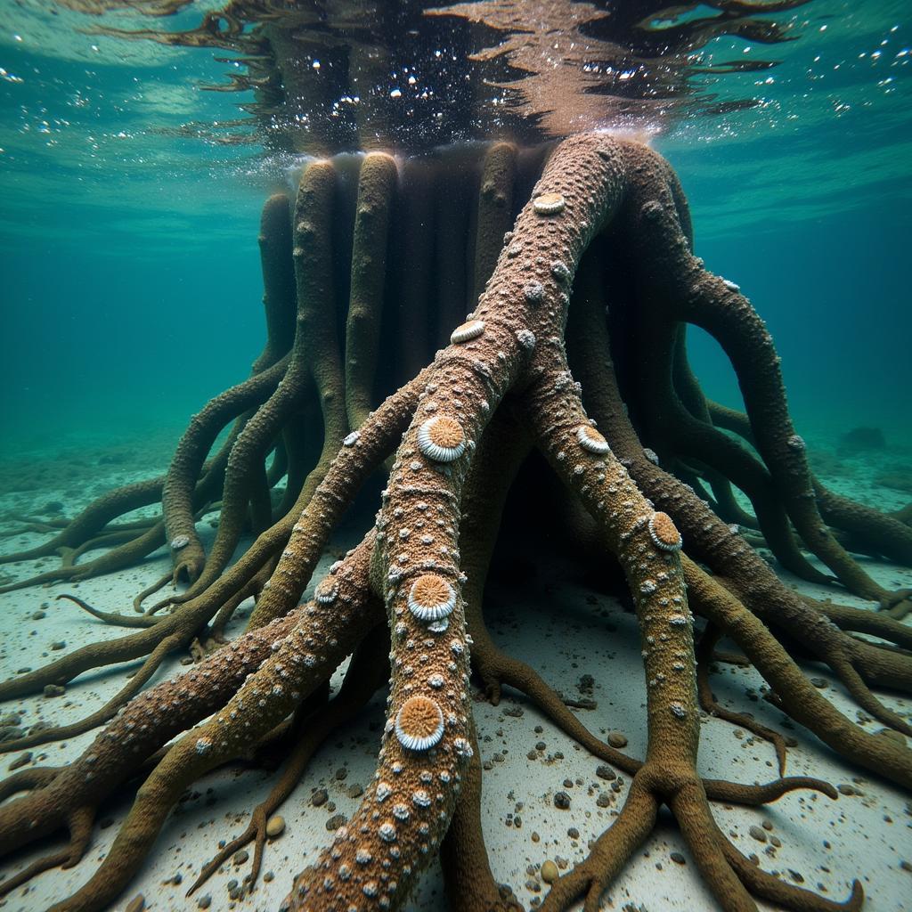 A close-up photograph of mangrove roots submerged in water, highlighting the intricate details and textures