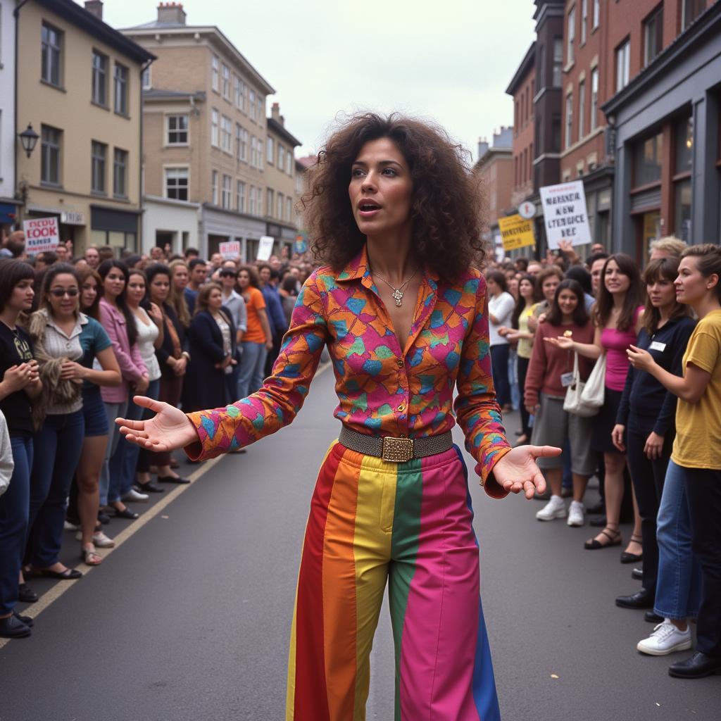 Marsha P. Johnson performing street theater as part of her activism. She is engaging with a crowd, using her expressive style and vibrant attire to convey a powerful message.