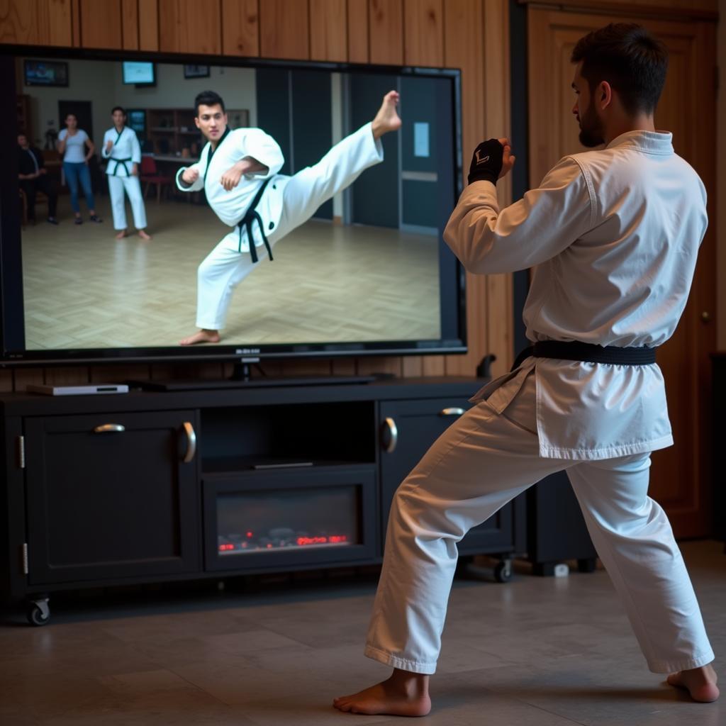 A martial artist practicing techniques in front of a TV screen displaying a martial arts DVD.