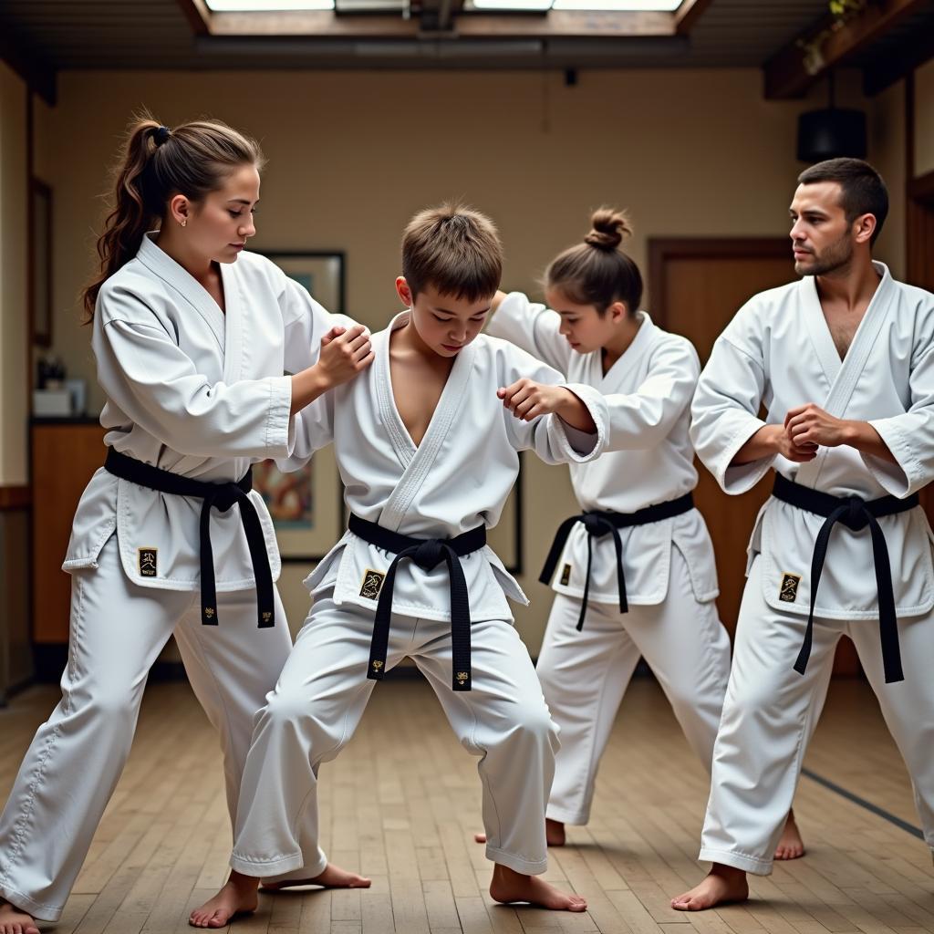 Martial arts students practicing for their gold belt test.