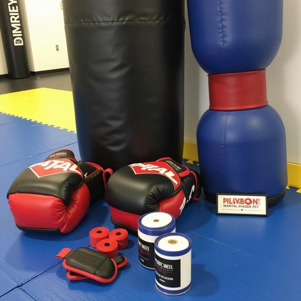 Various martial arts equipment laid out on a mat