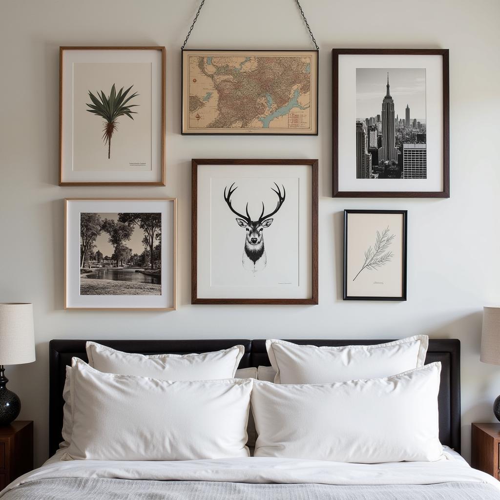 A masculine gallery wall with various themed prints