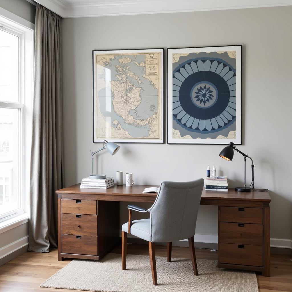 Masculine art prints decorating an office