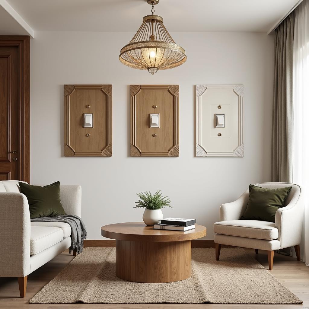 Matching art deco light switch and outlet covers in a living room setting.