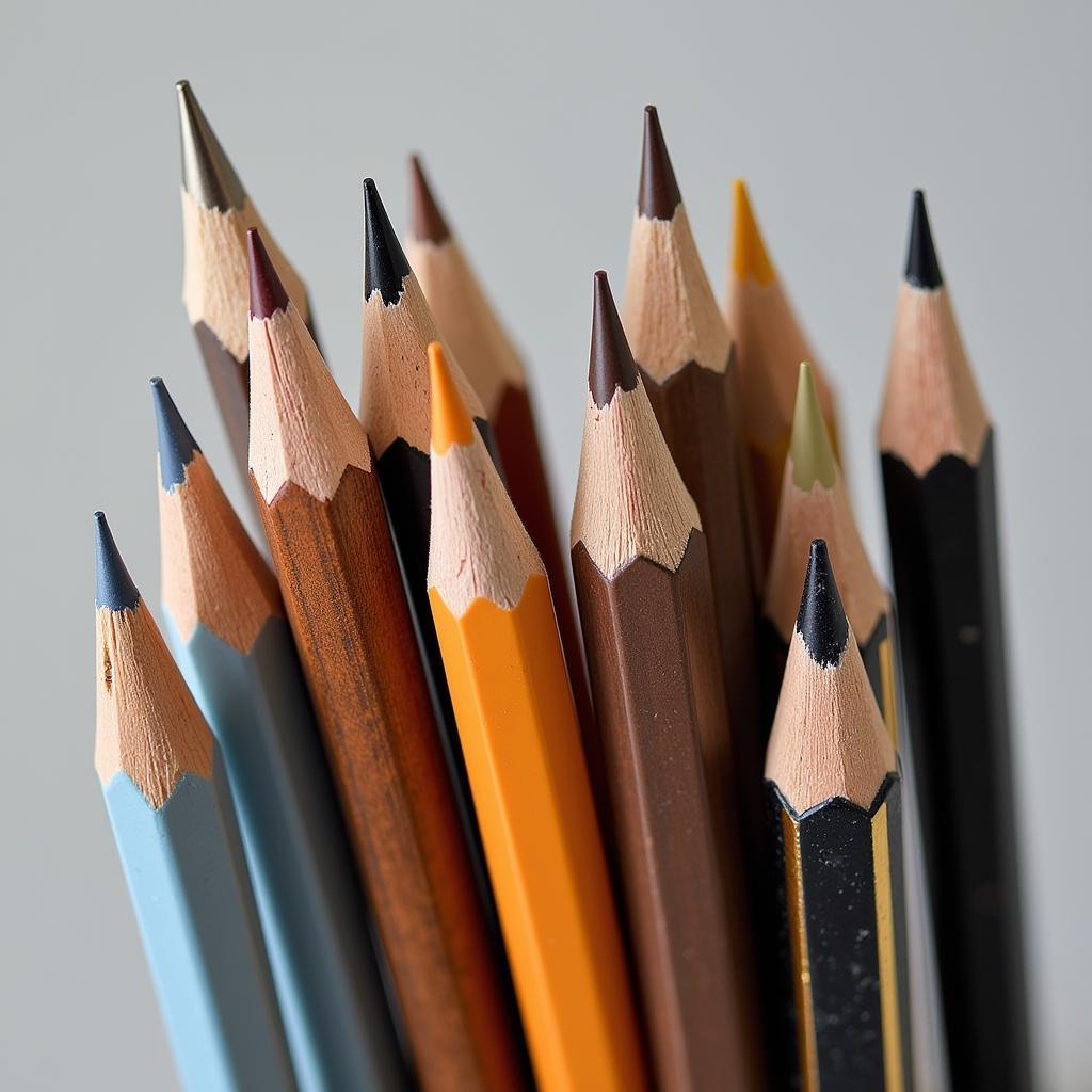 Close-up view of various mechanical art pencils showcasing different lead sizes and barrel designs.