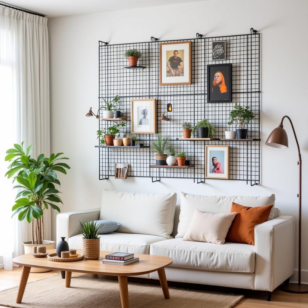 Mesh wall displaying art in a living room