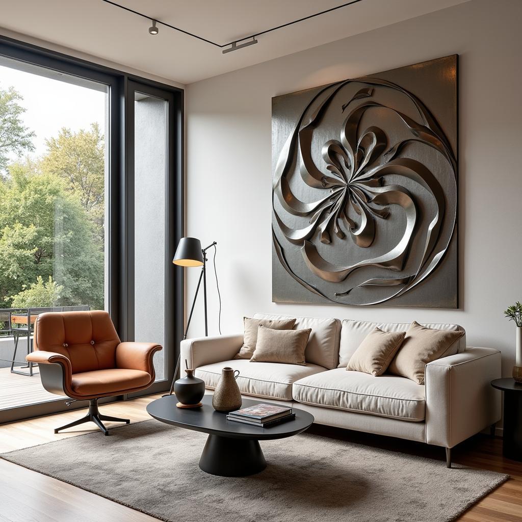 Metal art decorations add a touch of artistry and character to a living room.