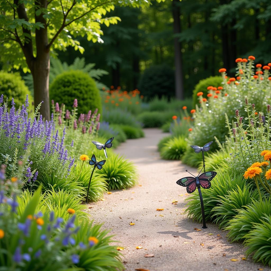 Metal art along a garden pathway enhances the landscape