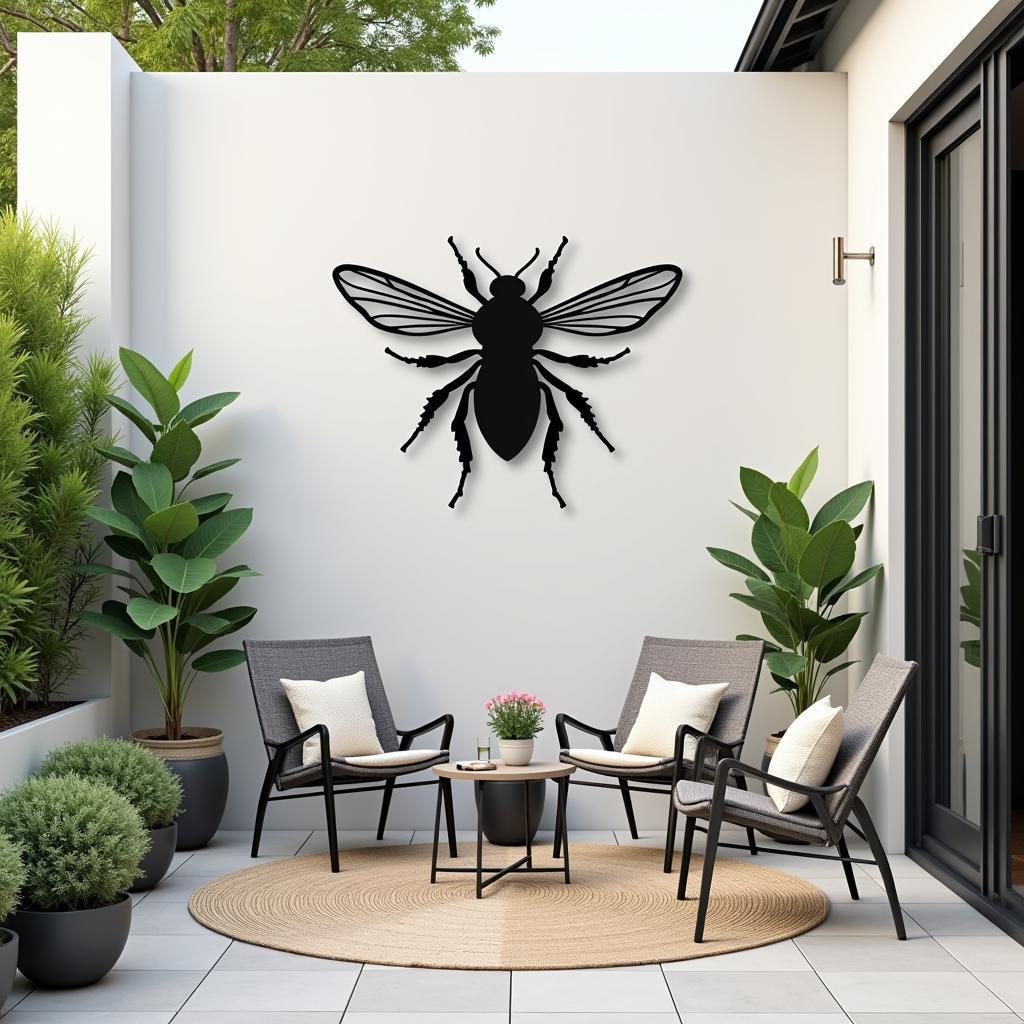 Modern patio decorated with metal bee wall art