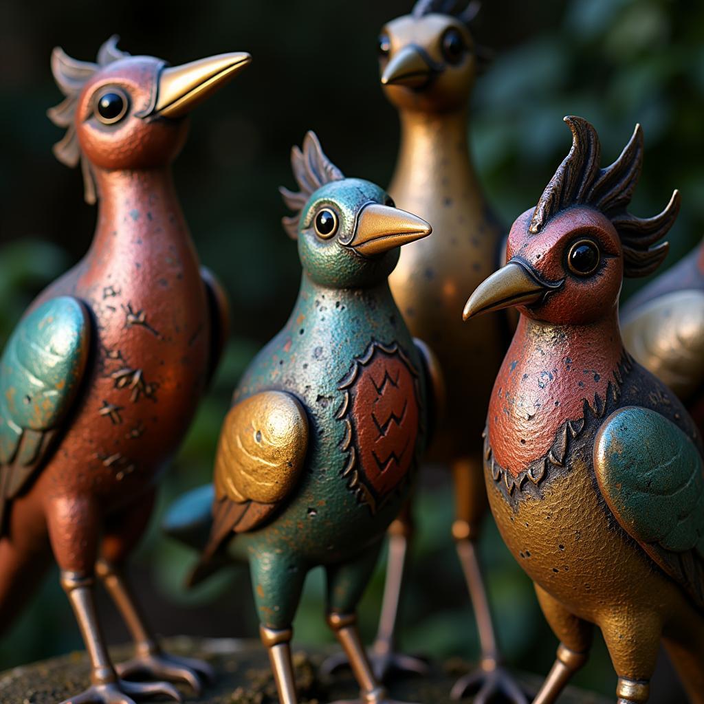 Intricate metal bird yard art sculptures add a touch of whimsy.