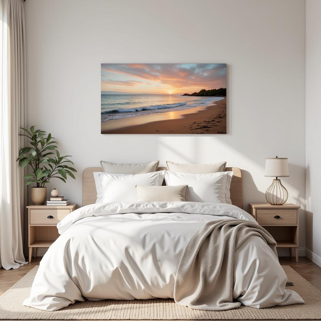 A serene bedroom with metal coastal wall art