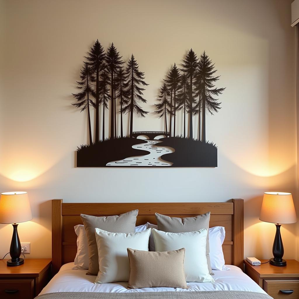 Metal forest wall art above a bed in a bedroom