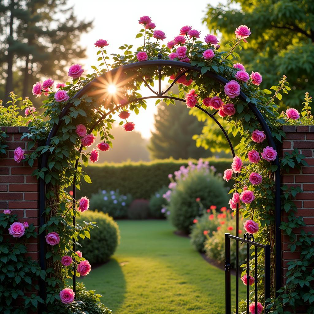 Metal garden trellis with climbing roses