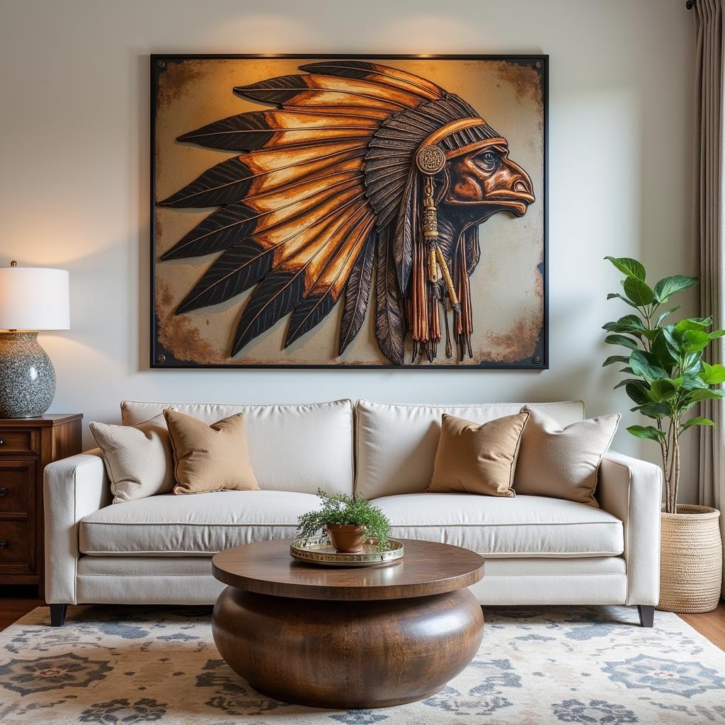 Metal Indian wall art as a centerpiece in a living room setting.