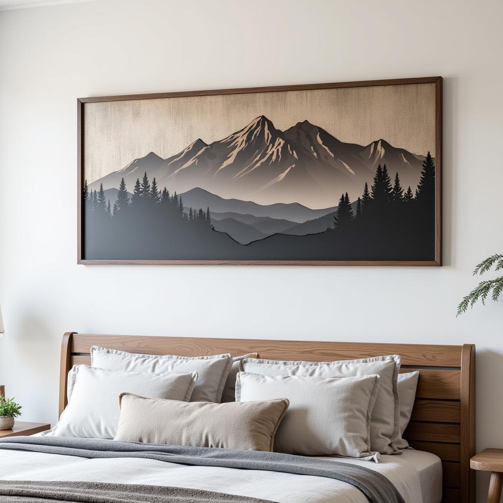 Metal mountain wall art in a bedroom setting