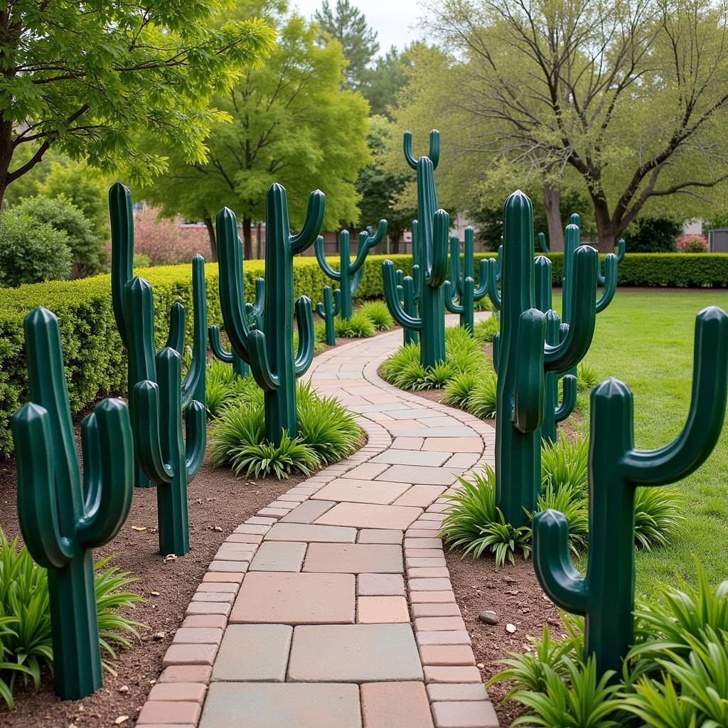 Metal Ocotillo Yard Art Lining a Garden Path