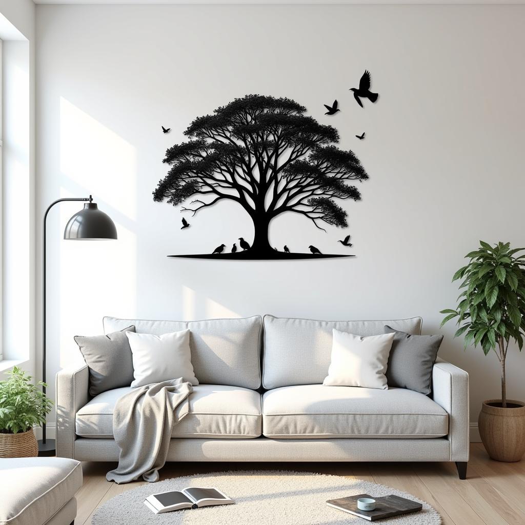 Metal silhouette wall art adds a touch of elegance to a modern living room