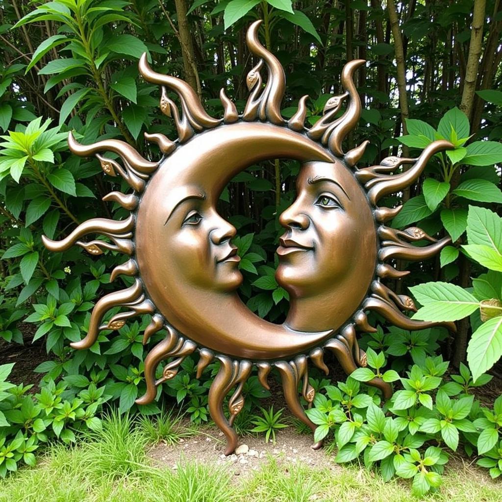 Metal Sun and Moon Sculpture in a Garden