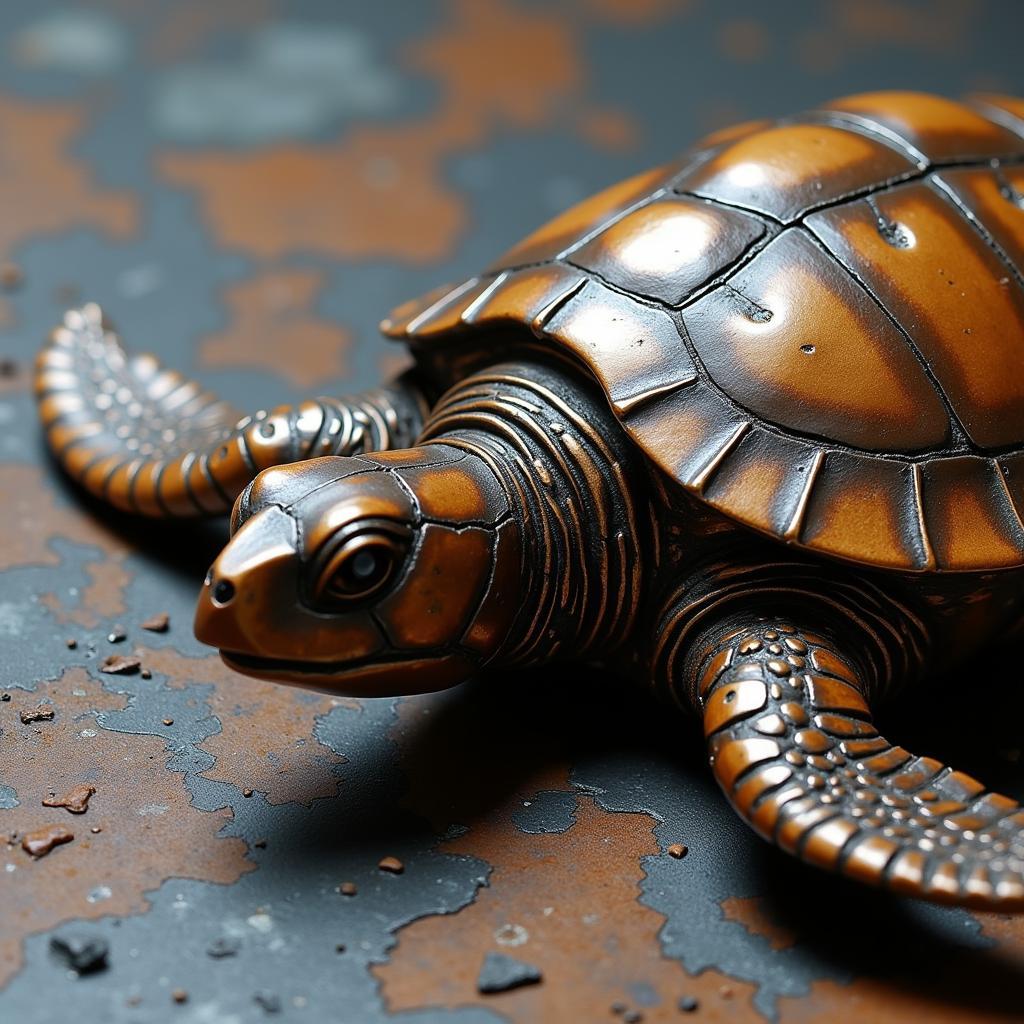 Close-up of a metal turtle wall art piece