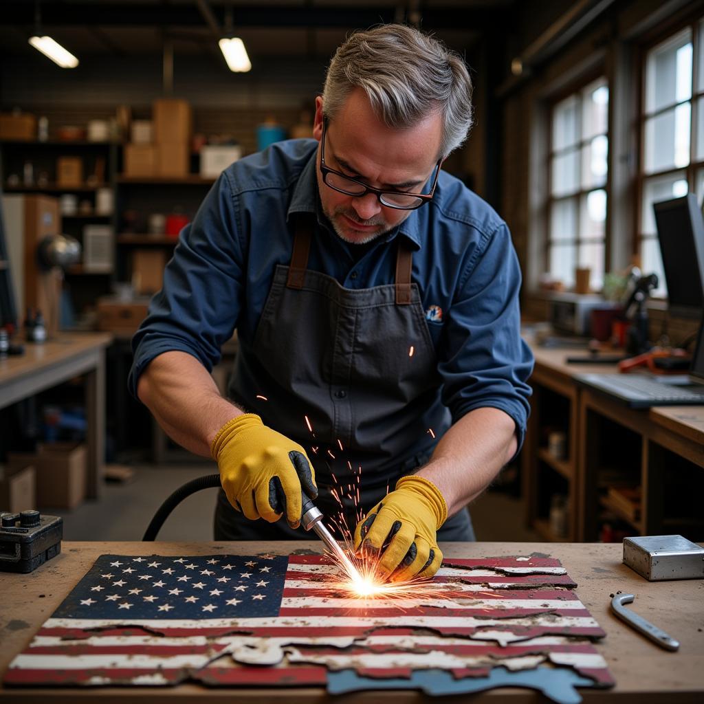 An artist working on a metal US flag art piece, demonstrating the welding process.