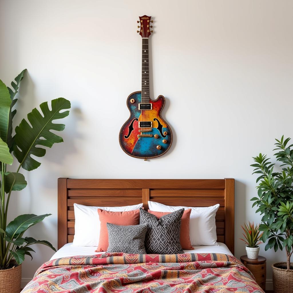 Abstract Metal Wall Art Guitar in a Bohemian Bedroom