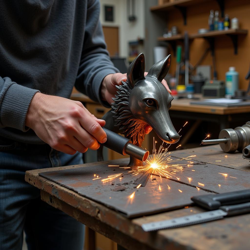 Metal wolf art creation process in a workshop