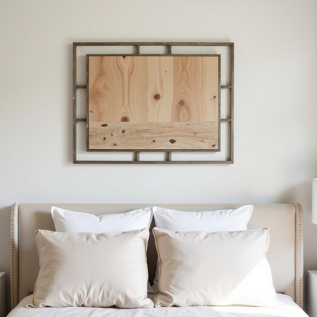 Metal and wood wall art hanging above a bed in a bedroom