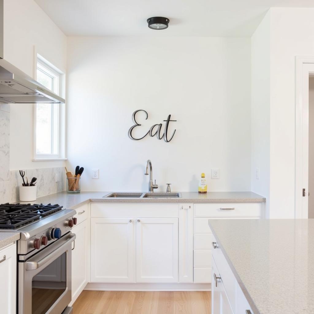 "Eat" metal word wall art in a modern kitchen