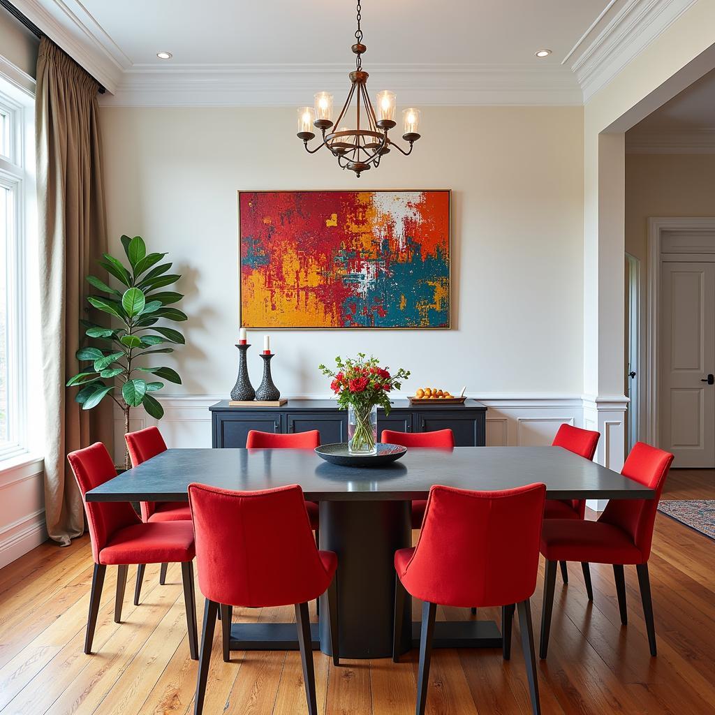 Metallic wall art in a dining room