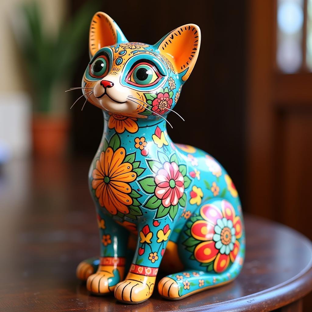 A vibrant ceramic folk art cat from Mexico