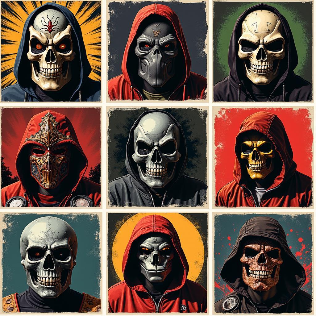 MF DOOM Mask Poster Designs: Various iterations of the iconic mask in poster art, showcasing different styles and interpretations.