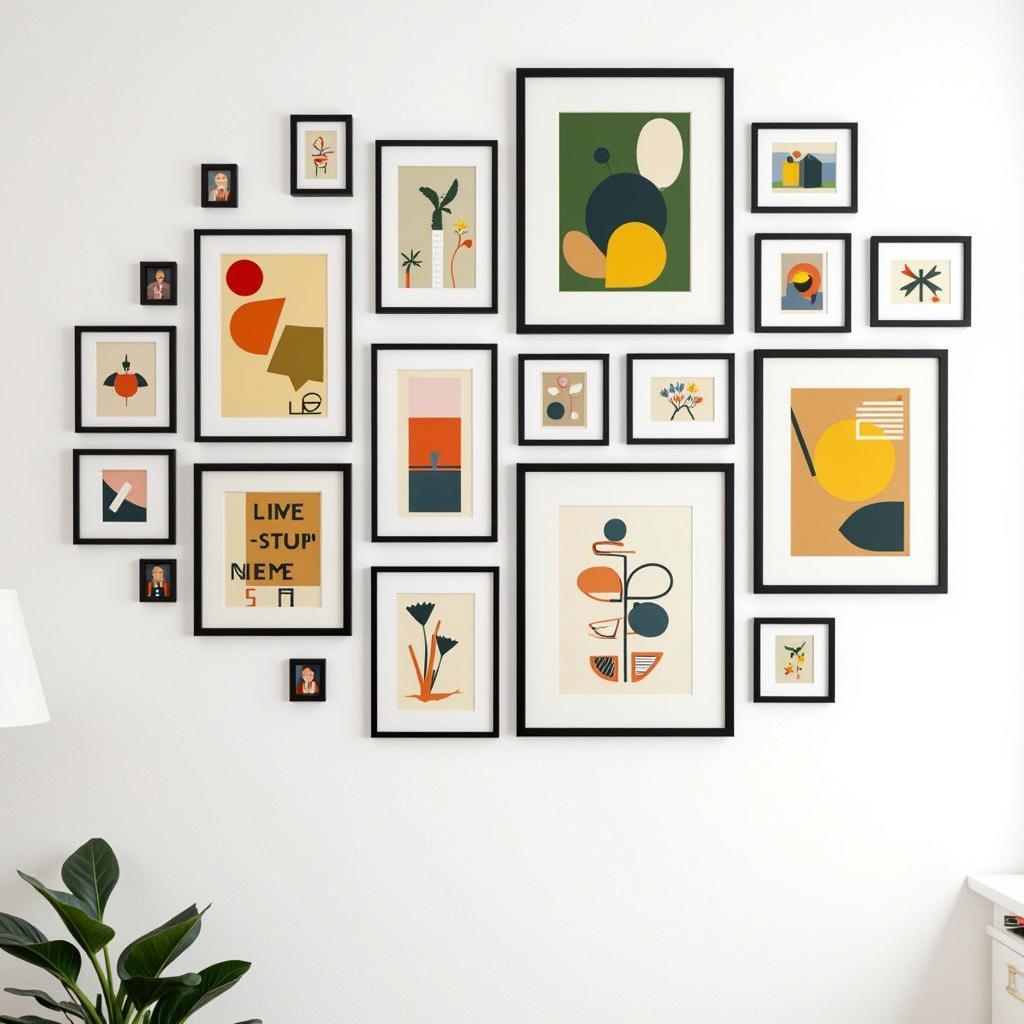 A gallery wall featuring framed Mid Century Modern art prints in a variety of sizes and styles.