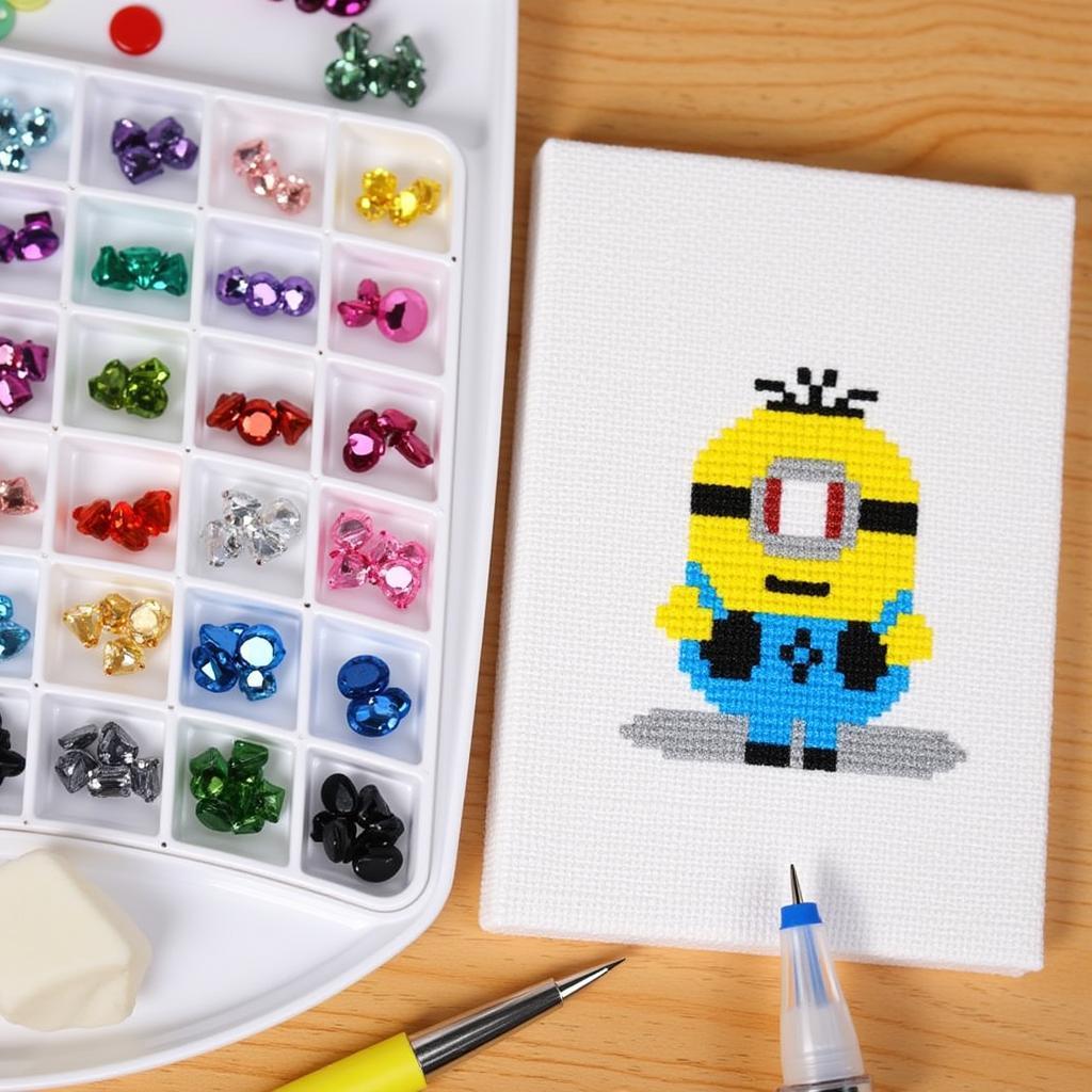 Closeup of a minion diamond art kit showing the tools and colorful diamonds.