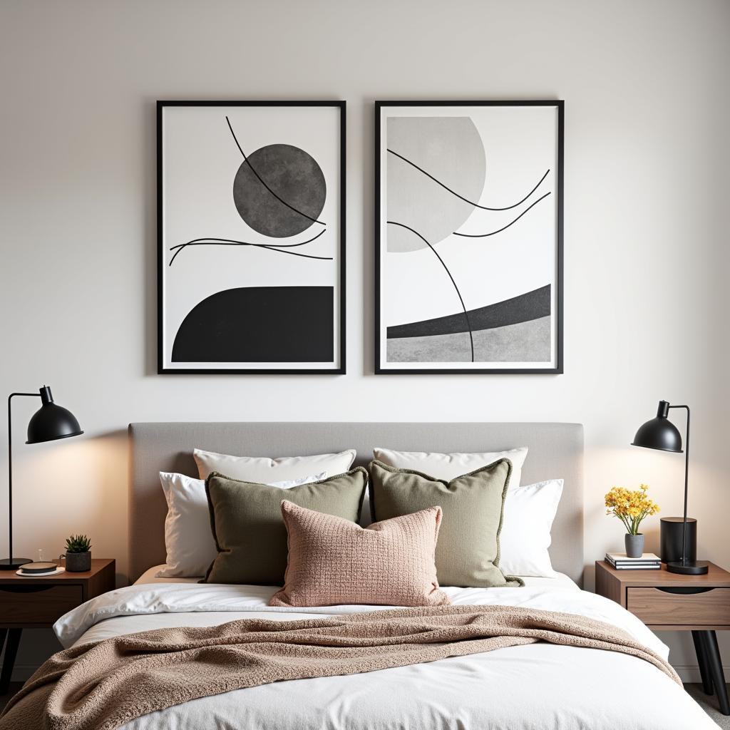 A modern bedroom featuring a two piece abstract wall art set.