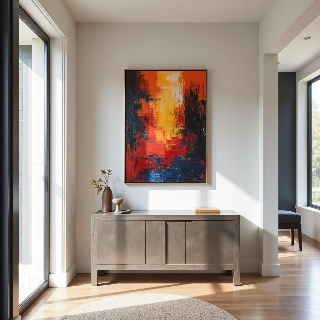 Modern abstract wall art in a bright foyer entrance