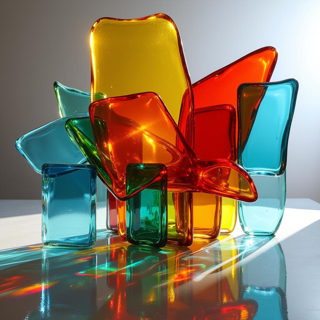 Abstract modern art glass sculpture with bold colors and geometric shapes