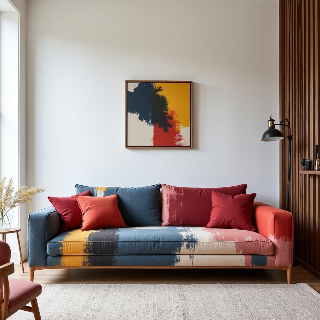 A modern sofa upholstered with a bold, abstract art print