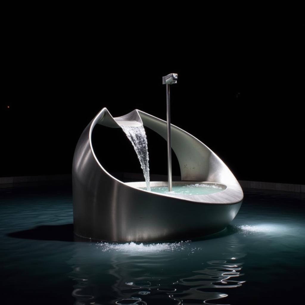 Modern Art Fountain in Stainless Steel at Night