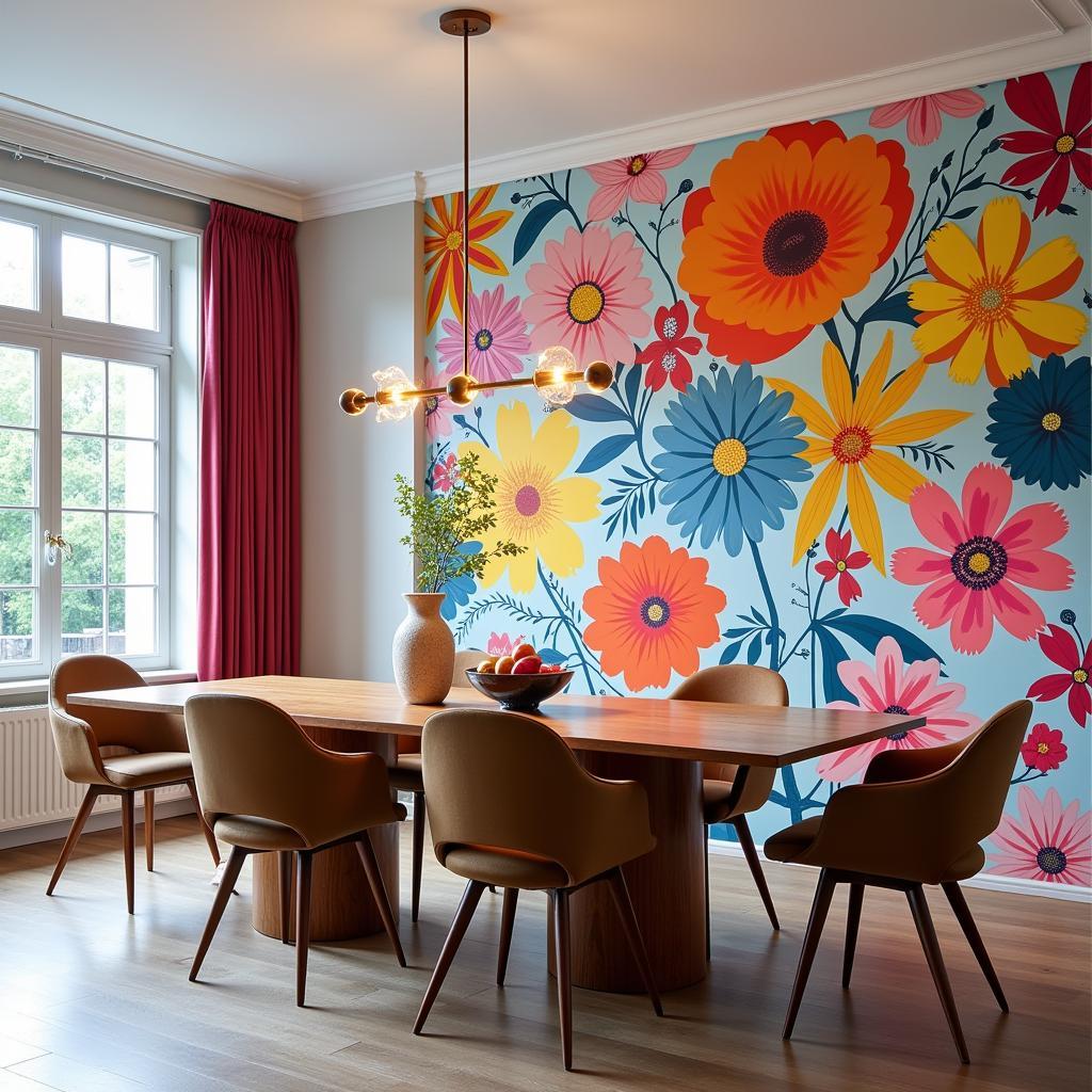 Modern Graphic Floral Wallpaper in a Dining Room