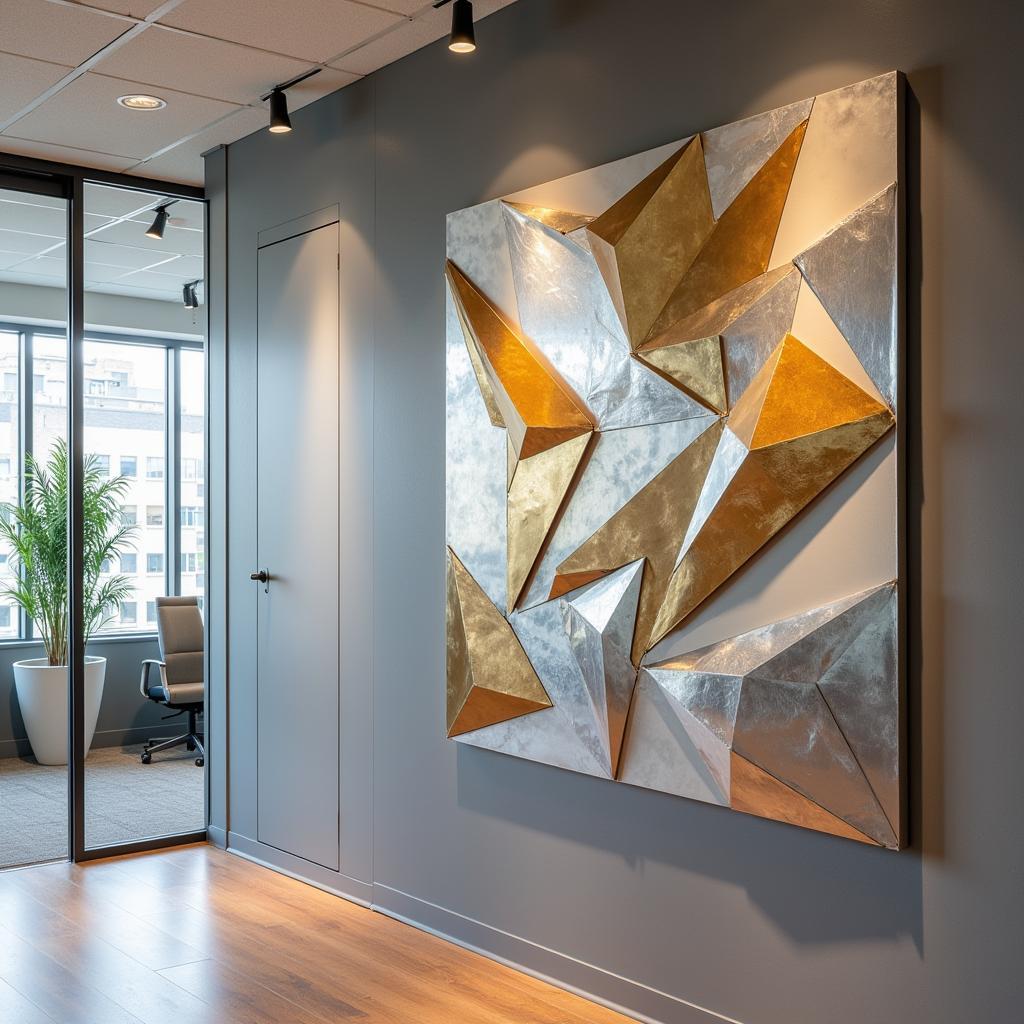 Modern metal wall art in an office space