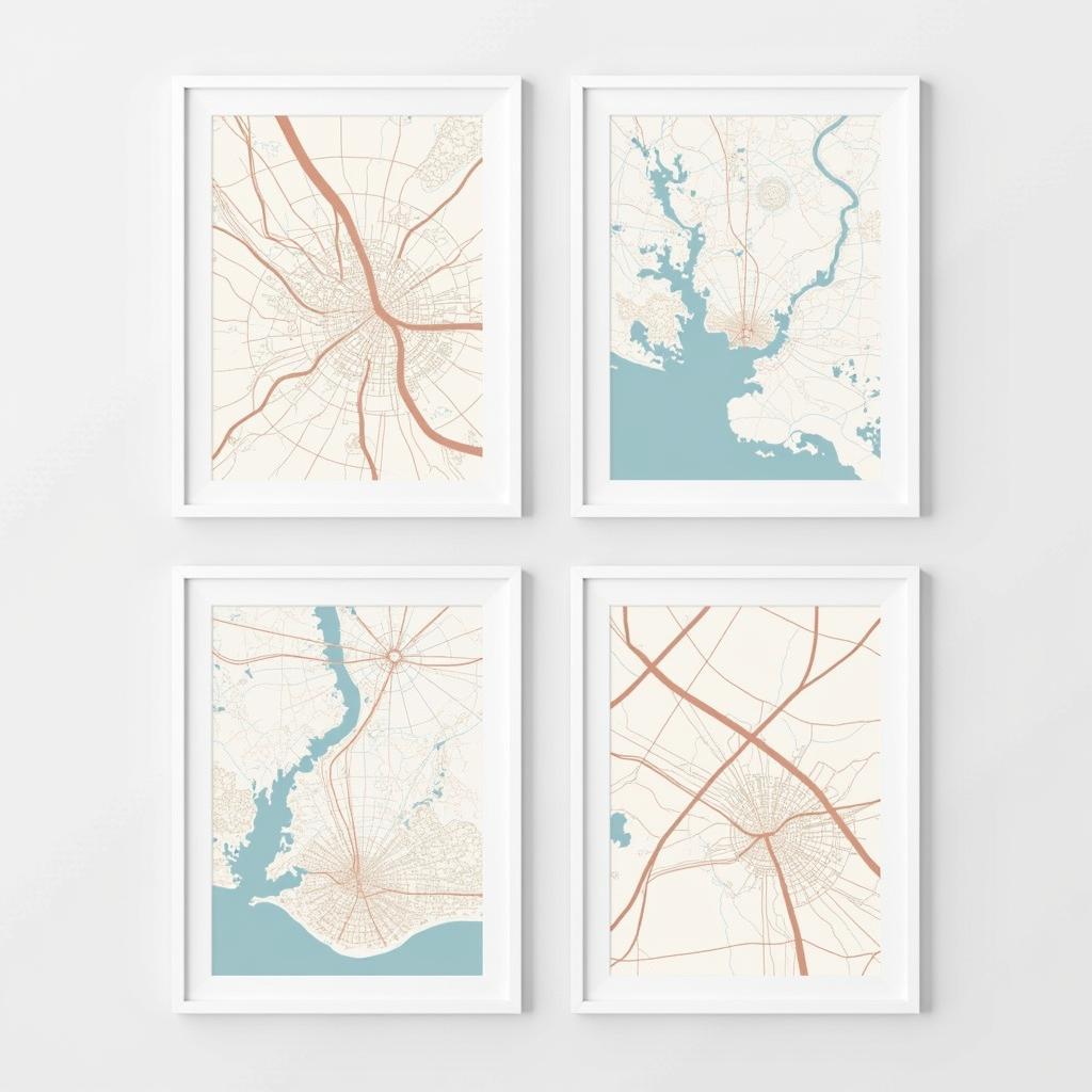 Modern and minimalist map art prints featuring clean lines and simple color palettes.