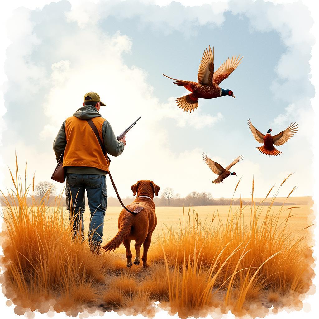 Modern Watercolor Pheasant Hunting Scene in Impressionist Style